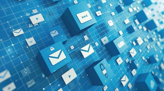 background image for a corporate login portal, featuring blue tones, email icons, and a digital lock 