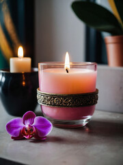 Close-up of a candle glass jar with a burning candle and a pot featuring a pink orchid flower, enhancing the modern living room's ambiance.