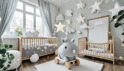 Rolgordijnen the modern scandinavian newborn baby room with mock up photo frame wooden car plush rhino and clouds hanging cotton flags and white stars minimalistic and cozy interior with white walls real photo © netsay