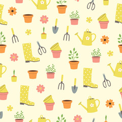 Seamless pattern gardening elements and flowers on beige background. Template for cards, posters, fabric, prints and wallpaper - obrazy, fototapety, plakaty