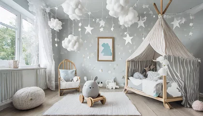 Draagtas the modern scandinavian newborn baby room with mock up photo frame wooden car plush rhino and clouds hanging cotton flags and white stars minimalistic and cozy interior with white walls real photo © netsay