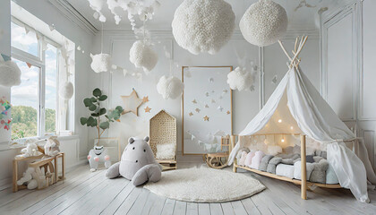 the modern scandinavian newborn baby room with mock up photo frame wooden car plush rhino and clouds hanging cotton flags and white stars minimalistic and cozy interior with white walls real photo - obrazy, fototapety, plakaty