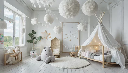 Fototapeten the modern scandinavian newborn baby room with mock up photo frame wooden car plush rhino and clouds hanging cotton flags and white stars minimalistic and cozy interior with white walls real photo © netsay