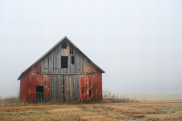 Rustic Elegance: Weathered Red Barn in a Misty Autumnal Field Banner