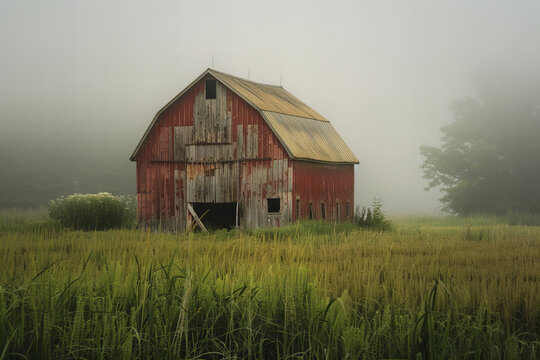 Serene Rustic Red Barn Amidst Misty Golden Fields Banner