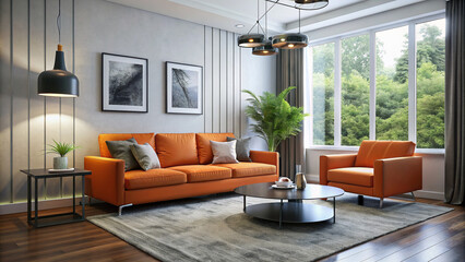The interior of the modern living room is the orange sofa.