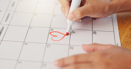Calendar, hands and save of date for valentines day, commitment and visual reminder for love event....