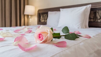 Fototapeta na wymiar Rose on the bed in the hotel rooms. Rose and her petals on the bed for a romantic evening