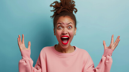 young woman with a surprised and excited expression, her mouth open wide, hands raised, wearing a pink sweatshirt, with her hair in a bun, against a teal background