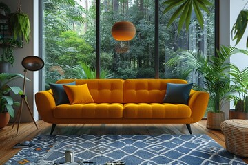Mid-century modern living room with iconic furniture and geometric patterns8K