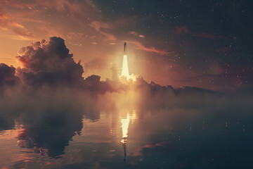Majestic Space Shuttle Launch at Twilight Reflections Banner - obrazy, fototapety, plakaty
