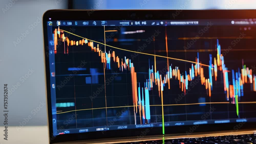 Poster digital market graph illustration showing stock trends and financial data on computer monitor