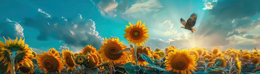 A towering sunflower its bright yellow petals standing bold against the blue summer sky - obrazy, fototapety, plakaty