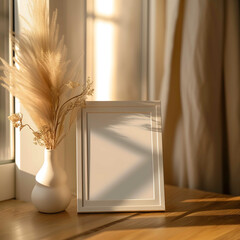 Empty vertical white frame on the wooden table. Background for wall art mockup. Modern beige boho interior with vase.