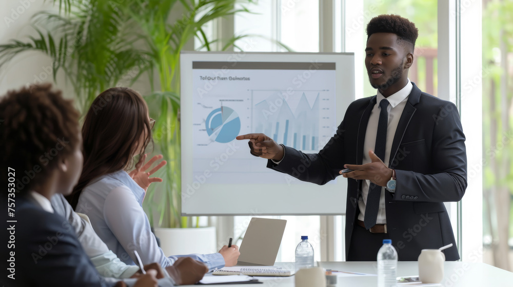Poster business presentation taking place with a well-dressed man pointing at a chart on a display board wh