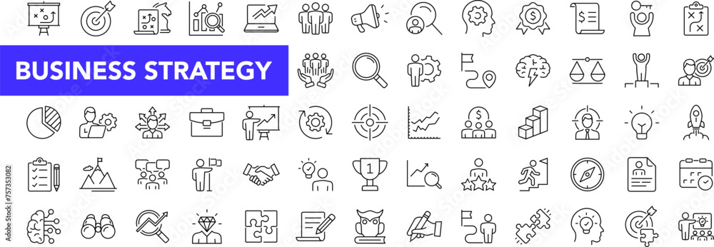 Poster business strategy icon set with editable stroke. business solutions thin line icon collection. vecto