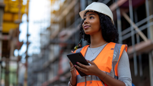 young woman wearing a safety helmet and reflective vest is holding a tablet and looking up