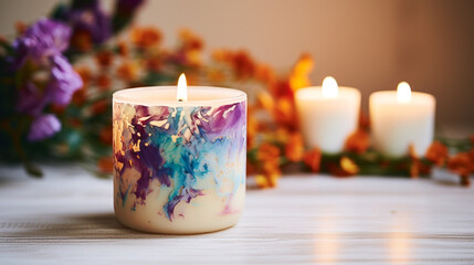 A tranquil boho candle, illuminating with a watercolor glow, symbolizing hope and ambiance created with Generative Ai
