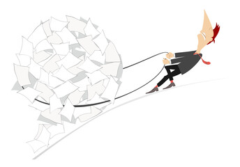 Hard working man concept illustration. Pile, ball of papers.
Businessman pulling a big pile of papers with the rope
