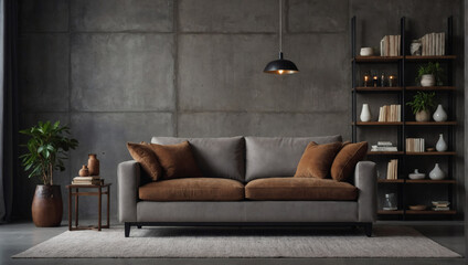 Close-up of a grey sofa adorned with a brown pillow against a concrete wall with shelves, capturing the essence of loft-style home interior design in a modern living room.