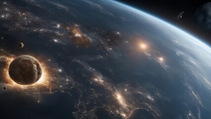 planet in space _View from space to a planet Earth, galaxies, stars, comet, asteroid, meteorite, nebula,  