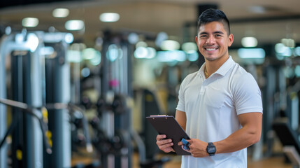 young man in a well-lit gym holding a clipboard and pen, smiling at the camera