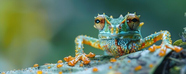 A frog with orange and blue spots is sitting on a leaf - obrazy, fototapety, plakaty