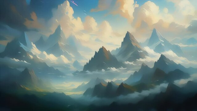 Cartoon video of clouds moving high in the mountains