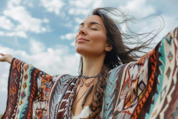 Young woman wearing colorful poncho relaxing in beautiful nature with opened arms. Spirituality, harmony and connection with nature concept. - obrazy, fototapety, plakaty