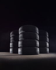 close up car tire stack at repairing service on black background. Transportation and automotive maintenance concept