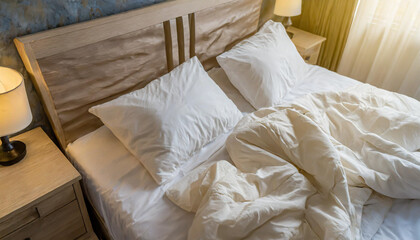 Fototapeta na wymiar Top view of unmade bedding sheets and pillow ,Unmade messy bed after comfortable sleep concept
