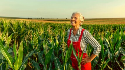 Smiling attractive confident female farmer posing at her farm with a field of corn in the background, copy space  