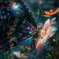 An interesting artificial butterfly, draws and explores the nectar in a flower, interesting and profound - obrazy, fototapety, plakaty