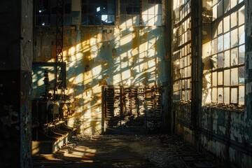 Desolate abandoned factory with sunlit shadows, rusted machinery, broken windows, decaying walls, and eerie atmosphere of urban decay