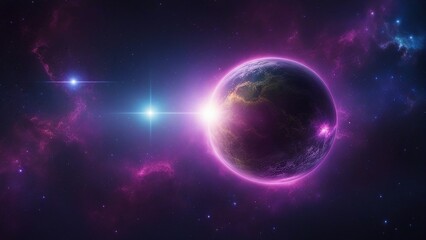 planet in space _A spherical panorama of a space scene with a blue and green exoplanet, a purple and pink nebula,  