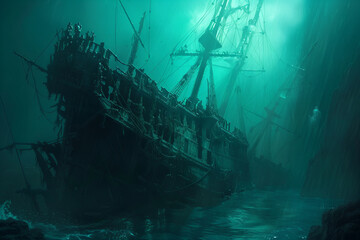 Mysterious Sunken Ships Final Resting Place - Underwater Banner of History - obrazy, fototapety, plakaty