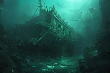 Fototapeten Mysterious Sunken Ship Resting in the Enigmatic Underwater City Banner © DmitrySergeevich