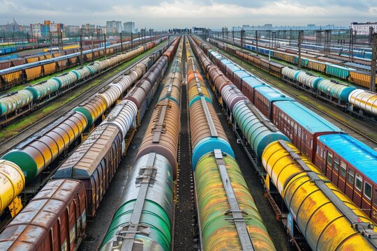 A view of a rail yard with parallel train tracks, industrial machinery, and multiple locomotives in gray, yellow, and green colors