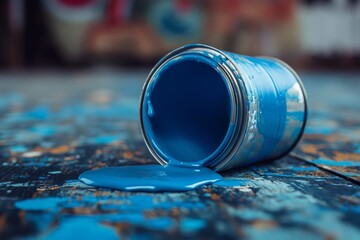 Spilled vibrant blue paint from an overturned can on rustic wooden surface, concept of art, creativity, and accidental beauty