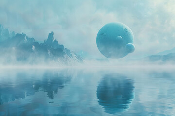 Mysterious Blue Planet Reflection on Misty Lake Fantasy Banner