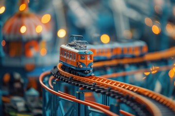 Miniature vintage orange tram on curving toy tracks with warm glowing lights, concept of nostalgia, playfulness, and childhood memories - obrazy, fototapety, plakaty