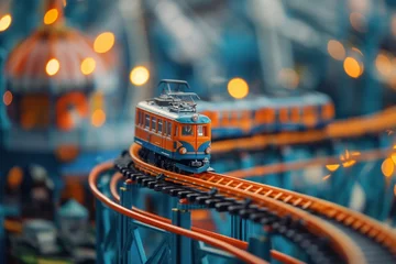 Foto op Canvas Miniature vintage orange tram on curving toy tracks with warm glowing lights, concept of nostalgia, playfulness, and childhood memories © Suryani