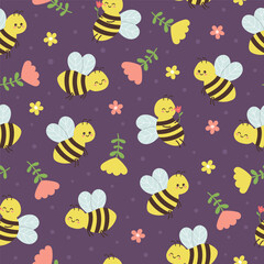 Seamless pattern of cute bees and flowers on dark purple background. Template for postcard, card, print, wallpaper