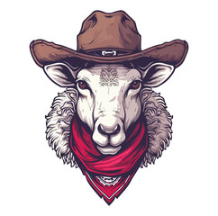 Sheep Head wearing wearing cowboy hat and bandana around neck