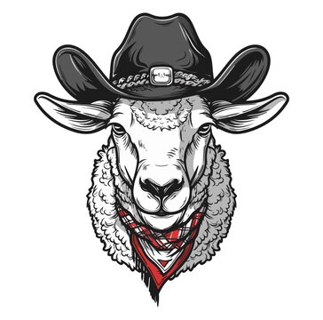 Sheep Head wearing wearing cowboy hat and bandana around neck