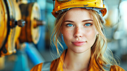 A woman industry factory worker. Engineering, machinery, electrician labor concept.
