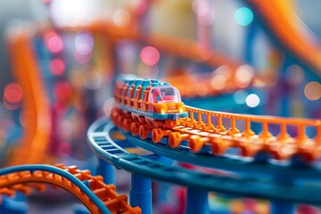 Vibrant toy train on a colorful track against a bokeh background, concept of playfulness and childhood imagination