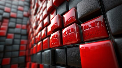 Abstract background in red and black colors using 3d cube shapes. - obrazy, fototapety, plakaty