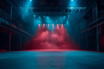 Dramatic stage with red lighting and smoke, concept of performance and entertainment - obrazy, fototapety, plakaty