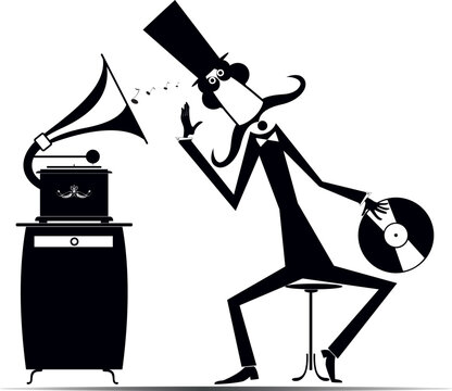 Man and retro record player. 
Cartoon man in the top hat holds a long playing record and listens to a vintage record player. Black and white illustration
